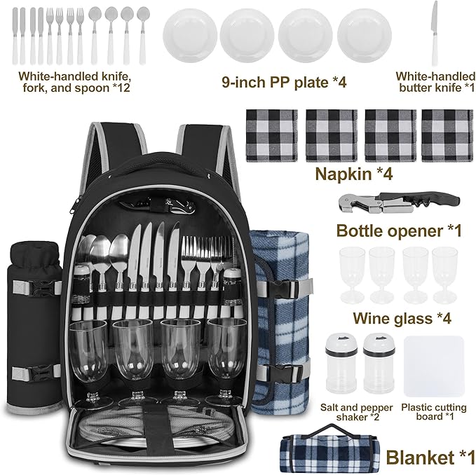 Picnic Backpack for 4 Persons with Insulated Leakproof Cooler Compartment, Cutlery Sets, Wine Holder, Fleece Blanket, Wedding Gifts for Couples, Perfect for Beach, Camping, Hiking, Black