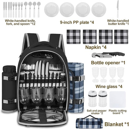 Picnic Backpack for 4 Persons with Insulated Leakproof Cooler Compartment, Cutlery Sets, Wine Holder, Fleece Blanket, Wedding Gifts for Couples, Perfect for Beach, Camping, Hiking, Black