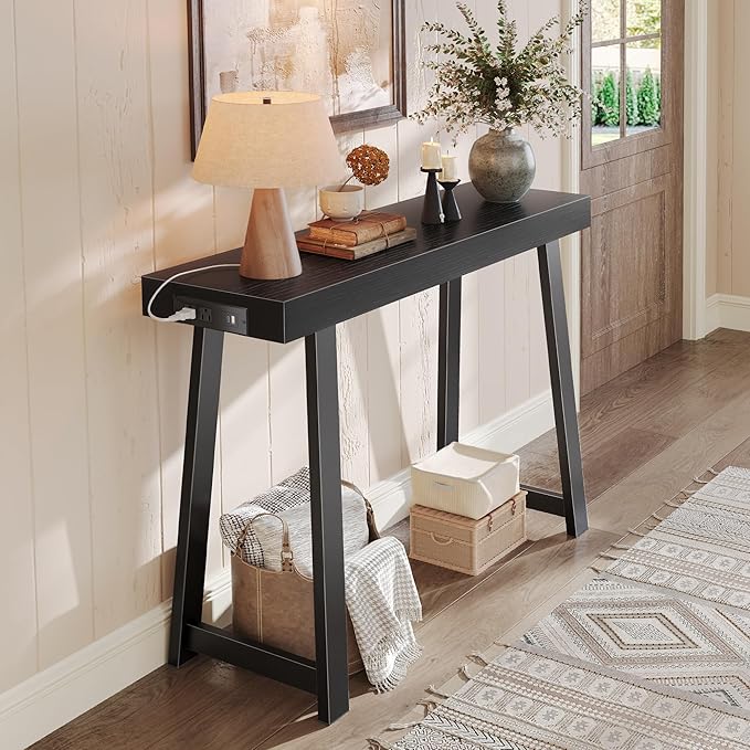 Huuger Entryway Console Table with Charging Station, USB-C Port, 39.4 Inch Sofa Table with Metal Legs, Entry Hallway Table with Thicker Desktop, Modern Behind Couch Table, Black