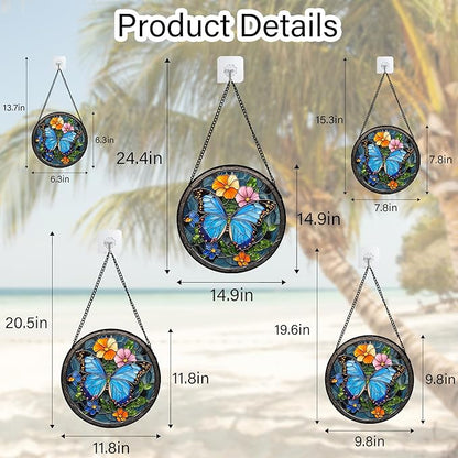 Stained Glass Window Hanging, Blue Butterfly Flower Suncatcher for Doors Home Sun Catchers Decoration and Christmas, Mother's Day Birthday Gifts for Women, Men, and Mom 6.3x6.3 in