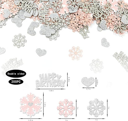 Pink Snowflake Birthday Confetti for Table – 200PC Glitter Heart Snowflakes Table Scatter for Girl Winter Wonderland Birthday Decorations