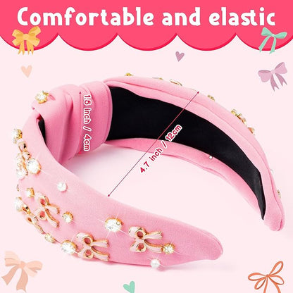 PANTIDE Coquette Pink Bow Jeweled Knotted Headband - Rhinestone Crystal Pearl Embellished Preppy Trendy Headband Wide Top Knot Non Slip Fashion Hairband Accessories Birthday Gift for Women Girl (Pink)