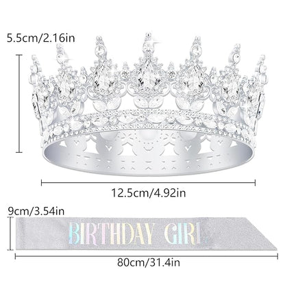 Queen Crown Birthday Crowns for Women, Birthday Girl Sash, Birthday Tiara for Women Set, Princess Rhinestone Birthday Girl Headband Birthday Gifts for Women, Sweet Happy Accessories