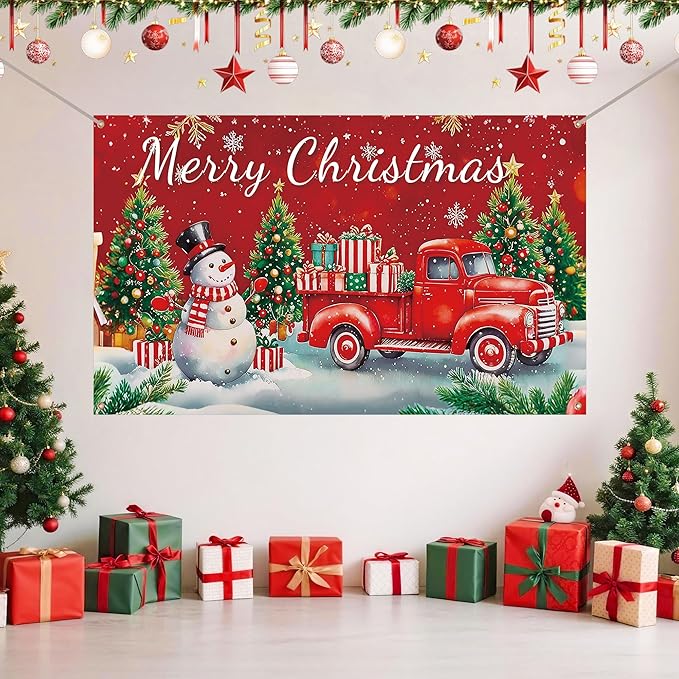 HOOSUN Christmas Decorations Indoor,72 x 44 Inch Merry Christmas Backdrop Banner,Xmas Tree Snowman Banners for Party Decorations,Wall Banner Photo Booth Backdrop Xmas Decor for Party,Wall,Yard,Garage