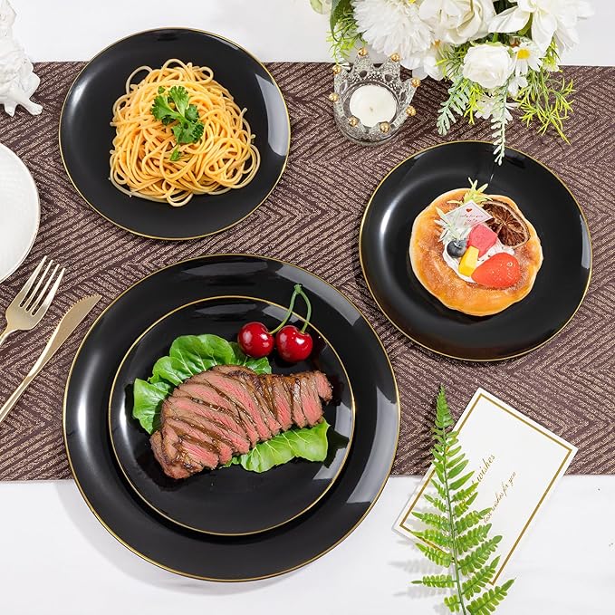 I00000 200 PCS Black and Gold Plates for 100 Guests Include: 10.25 inch 100 Dinner Plate and 7.5 inch 100 Plastic Dessert Plate, Premium Halloween Plastic Plates Perfect for Party Halloween