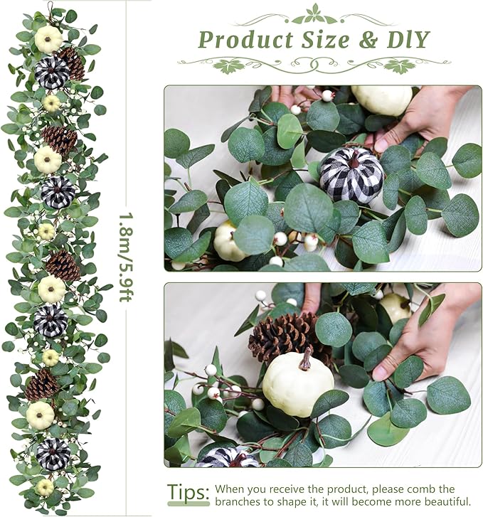 Fall Garland with Lights,Eucalyptus Garland with Berries Pumpkins Pinecone，Farmhouse Mantle Table Garlands for Thanksgiving Christmas Home Decor