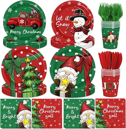 144Pcs Christmas Paper Plates and Napkins Disposable Gnome Snowman Christmas Dinnerware Set Red Green Xmas Dinner Plates Napkins Cups for Holiday Party Supplies Serves 24