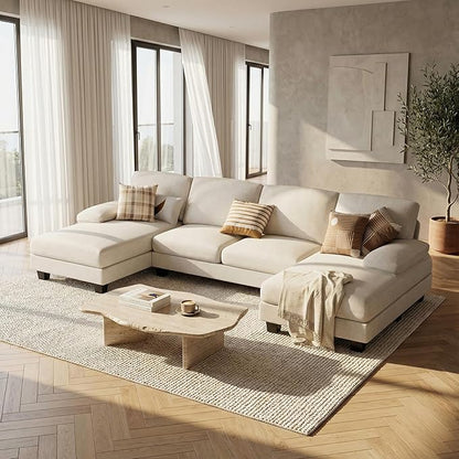 Homall Modular Sectional U Shaped Sofa Couches for Living Room, Comfy Chenille 4 Seat Sofa Set with Removable Pillows, Lounge Chaise Upholstered Couch for for Apartment (Chenille, White)
