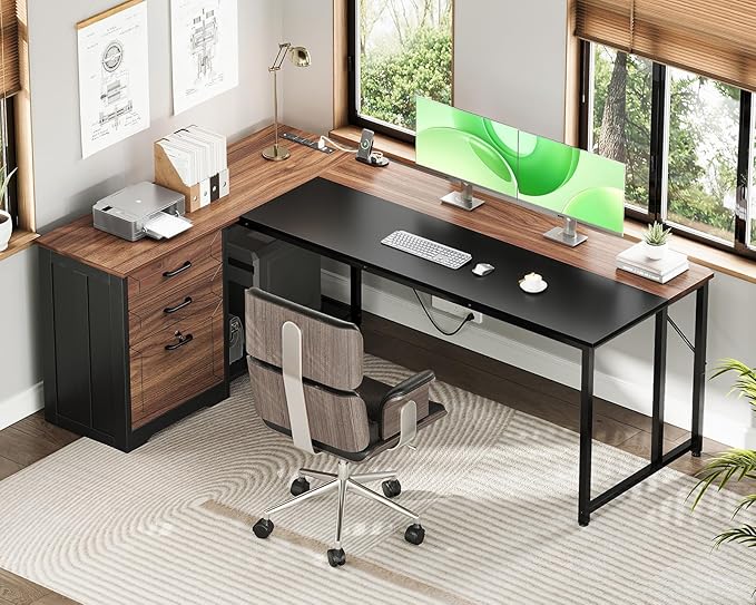 AODK 61" L Shaped Office Desk with Wood Drawers & Lockable File Cabinet, Reversible 21.7" D Corner Computer Desk with Built-in Power Outlets, Executive Desk for Home Office, Walnut