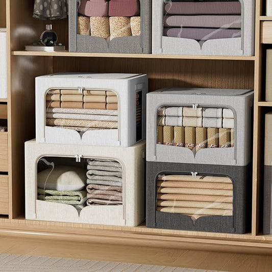 FHSQX 3 Pack Clothes Storage Bins Foldable Metal Frame Storage Box Extra Large Stackable Linen Fabric Organizer Set with Carrying Handles and Clear Window (Beige, 23.6x16.5x15.7inch(100L))