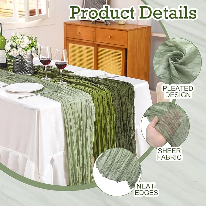 6 Pcs Cheesecloth Table Runner 10ft Boho Rustic Gauze Cheese Cloth Table Runner for Wedding Birthday Baby Shower Party Feasts Ceremony Summer(Sage Green, Moss Green, Olive Green)