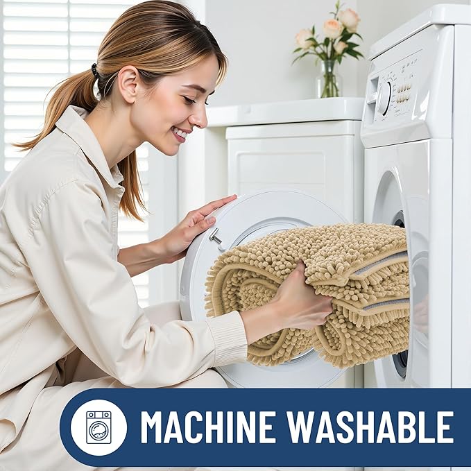 Smiry Luxury Chenille Toilet Rugs U-Shaped 24x24, Soft Absorbent Non-Slip Contour Bathroom Rugs for Toilet, Machine Washable Contoured Bath Mats, Beige