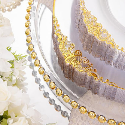 Hioasis 350pcs Clear and Gold Plastic Plates - Elegant Disposable Dinnerware Set Suitable for 50 Guests Include 10.25" Dinner & 7.5" Dessert Plates, Pre Rolled Silverware Set, Cups for Party & Wedding