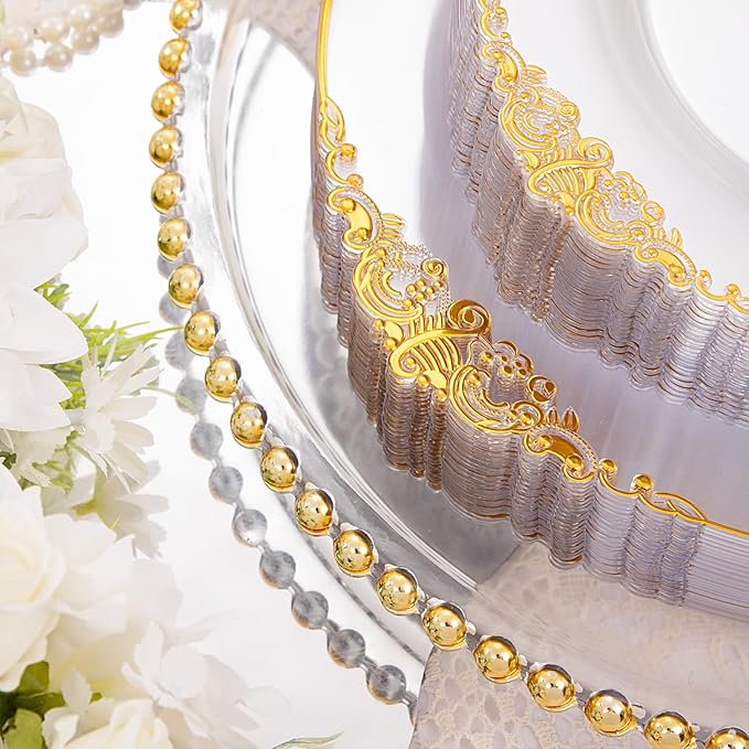 Hioasis 210pcs Clear and Gold Plastic Plates - Elegant Disposable Dinnerware Set Suitable for 30 Guests Include 10.25" Dinner & 7.5" Dessert Plates, Pre Rolled Silverware Set, Cups for Party & Wedding