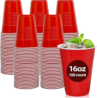 16 oz Red Plastic Cups Disposable - Christmas Cups Red Disposable Cups for Party Birthday Picnics Christmas (100 Count)