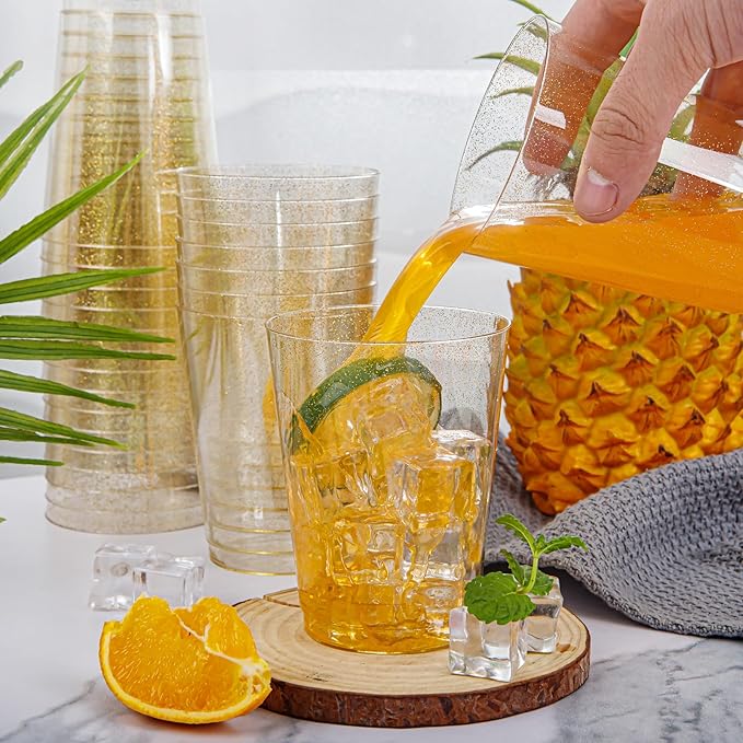 I00000 500pcs Gold Glitter Cups - 10 OZ Hard Plastic Disposable Cups for Cocktail and Drinking - Premium Party Cup with Gold Glitter Perfect for Thanksgiving Day and Birthday