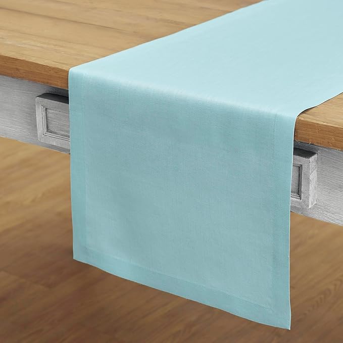 Solino Home Linen Aqua Blue Table Runner 120 Inches Long - 100% Pure Linen 14 x 120 Inch Table Runner for Dining, New Year - Fete