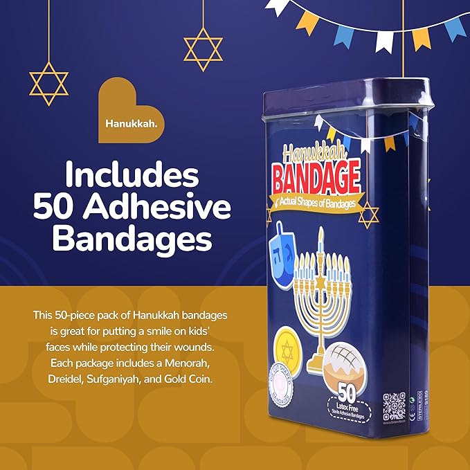 BioSwiss Kids Bandages, Hanukkah Shaped Self Adhesive Bandage Set, Latex Free, Sterile Wound Care, 50 Count