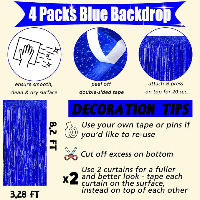 4 Pack Blue Fringe Curtain Backdrop, 3.2Ft x 8.2Ft Sparkle Metallic Tinsel Foil Fringe Streamers Background for Photo Booth Birthday Wedding Baby Shower Party Thanksgiving Christmas Decorations