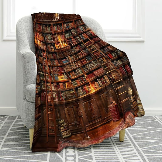 Jekeno Vintage Bookshelf Blanket Gifts for Women Men Kids Girls Boys Husband Dad Halloween Birthday Christmas Library Books Bookcase Candle Decor Bedroom Study Classroom Living Room Throw 50"x60"