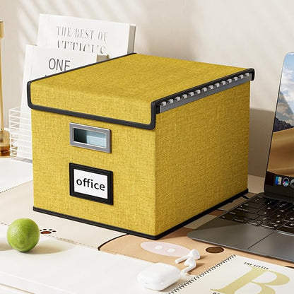 Huolewa File Organizer Box with Lid, Collapsible File Folder Organizer for Office Document Storage, Filing Box with Plastic Slide for Letter Size Hanging Files(1 Pack, Yellow)