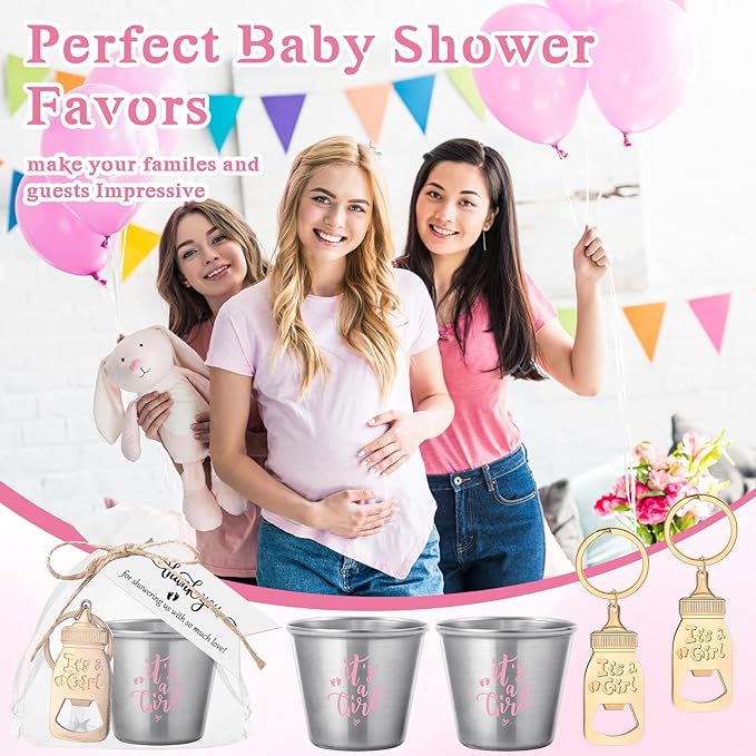 Vesici 25 Sets Baby Shower Party Favors Bottle Openers Keychains Stainless Steel Shot Thank You Tags Organza Bags Gender Reveal Favors for Guests Wedding Baby Shower Return Gift Girl Boy (Girl)