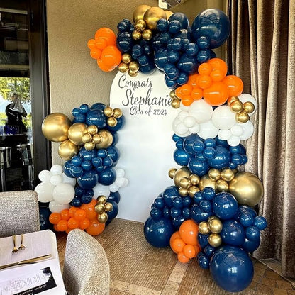 Blue and Orange Balloons Arch Kit, 162pcs Orange Navy Blue White Metallic Gold and Confetti Balloons for Graduation Baby Shower Fall Thanksgiving Birthday Party Decorations