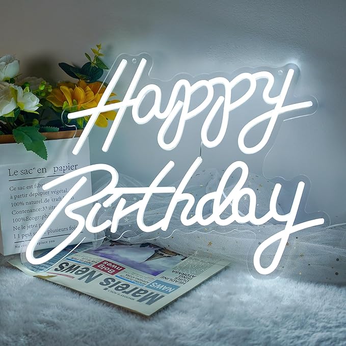 Happy Birthday Neon Sign, Happy Birthday Light Up Sign, Neon Happy Birthday Sign USB Powered, Happy Birthday Led Sign for Birthday Party Wall Decoration 16.9'' x 13.1'' (White)