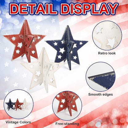 COCHIE 6 Inch Labor Day Decorations Wooden Stars Set, Vintage 3D Star Memorial Day Tiered Tray Decor, 4th of July Red White Blue Patriotic Decoration for Home Table Desk Door Shelf (Cutout Retro)