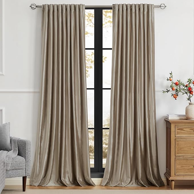 PRIMROSE Taupe Curtains 63 inch for Living Room,2 Panels Velvet Drapes Blackout Rod Pocket Back Tab Window Treatment Room Darkening Decorative Thick Curtains for Bedroom