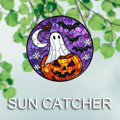 Stained Glass Window Hanging Halloween Horror Pumpkin 11.8" - Suncatcher Door Garden Sunroom Gothic Style Ghost Bat Sun Catcher Birthday for Friend Mom Men Woman Nana