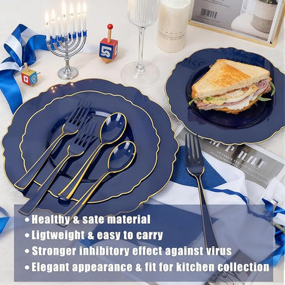 WDF 180PCS Blue Plastic Silverware -Blue and Gold Plastic Cutlery 60 Forks, 60 Knives, 60 Spoons - Heavy Duty Disposable Silverware for Party/Wedding/Hanukkah