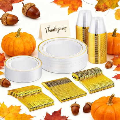 150 PCS Gold Disposable Dinnerware Set for 25 Guests, Gold and White Plastic Plates for Party, 25 Dinner & Salad Plates, 25 Cups, 25 Forks Knives Spoons for Wedding and Party Supplies