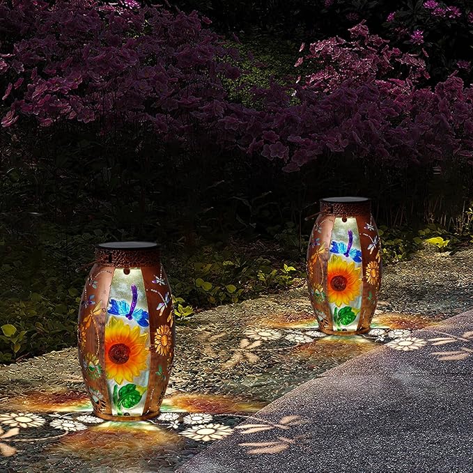 Solar Lanterns Outdoor Hanging Lights Decor Dragonfly Lantern Waterproof Metal LED Sunflower Light Decorative Garden,Yard,Patio,Lawn,Gifts for Women Mom