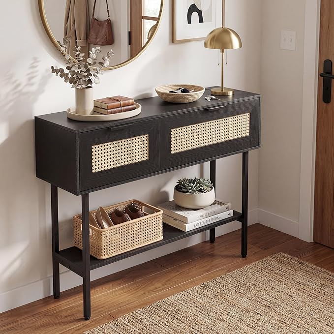 Giantex Rattan Console Table with Storage, 40" Boho Entryway Table w/ 2 Flip Door Cabinets & Shelf, Metal Frame, 2 Anti-Tipping Kits, Narrow Long Behind Couch Sofa Table for Entrance Hallway, Black