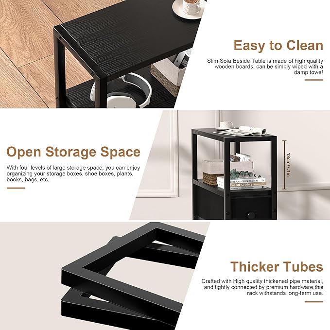 Small Narrow Side Table with Drawers, Skinny End Table for Small Spaces, Slim Nightstand with Storage, Sofa Bedside Table in Living Room, Bedroom, Study, Kitchen and Balcony (Black)
