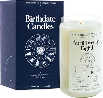 Birthdate Candles, April 28 - Taurus Zodiac Scented Candles Birthday Gift - Cedar, Sandalwood & Eucalyptus Scent - All-Natural Soy & Coconut Wax, 60-80 Hour Burn Time - Made in USA