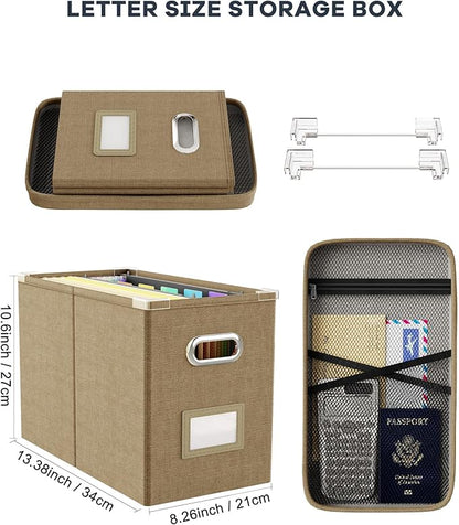 Oterri File Organizer Box with Lid, Hanging Filing File Box with Mesh Pocket, Document Organizer Box for Letter Files, Portable Storage Box with Smooth Sliding Rail for Office&Home(1 PCS, Khaki)