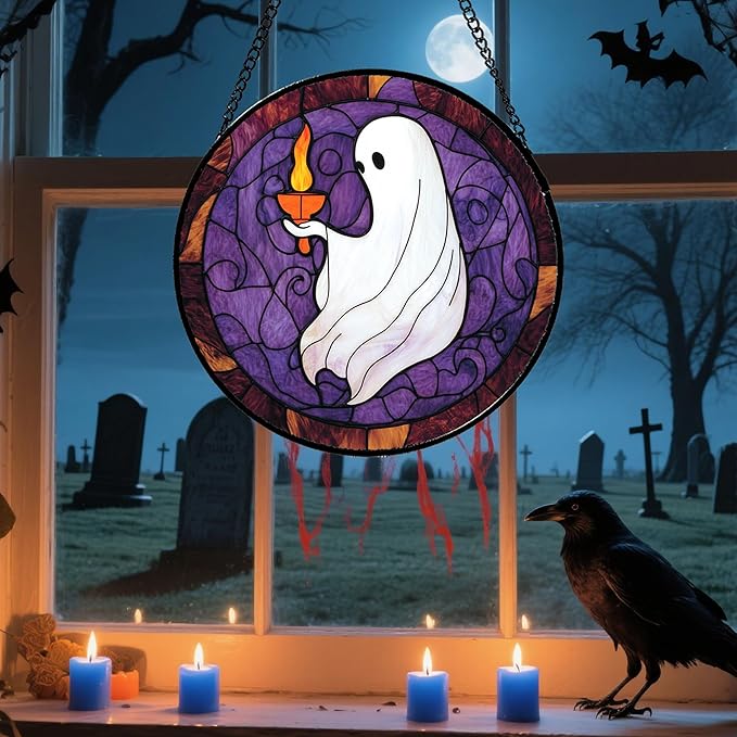 Stained Glass Window Hanging - Halloween White Ghost Purple Suncatcher for Doors Window Garden Spooky Candlelight Sun Catchers Gothic Decor Horror Gifts for Women Men Friend Boy Girl 15 in