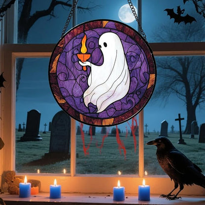Stained Glass Window Hanging - Halloween White Ghost Purple Suncatcher for Doors Window Garden Spooky Candlelight Sun Catchers Gothic Decor Horror Gifts for Women Men Friend Boy Girl 11.8 in