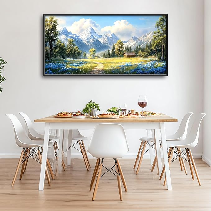 Mountain Large Wall Art Framed Wall Decor for Living Room, Countryside Wildflowers Pictures Oversized Canvas Print Painting Modern Extra Large Framed Artwork for Bedroom Office Home Decor 60"x30"