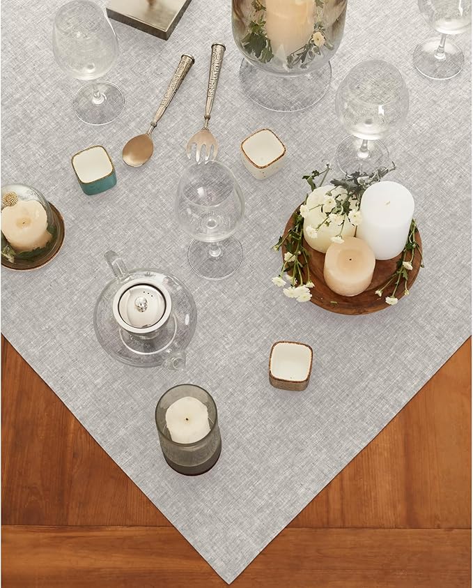 Solino Home Linen Tablecloth 52 x 52 Inch - 100% Pure Linen Square Table Throw - Athena, Machine Washable Oyster Grey Tablecloth for Fall, Autumn