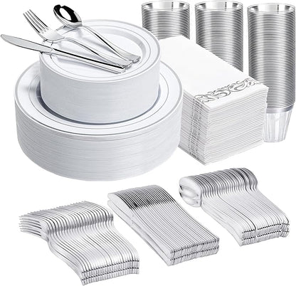 N9R 700PCS Silver Disposable Dinnerware Set for 100 Guests, White Plastic Plates with Silver Rim, Include 100 Dinner & Dessert Plates, Plastic Silverware Set, Cups, Napkins for Party and Wedding