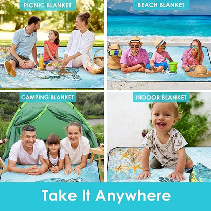 Waterproof Picnic Outdoor Blanket, 79" x 59" Sandproof Foldable Large Picnic Blanket for Beach, Camping, Park, Travel, Concert, Great Gift for Families and Couples (Blue Cute Turtle)