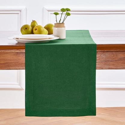 Solino Home Linen Table Runner 36 Inches - 100% Pure Linen Pine Green Table Runner 14 x 36 Inch Ideal for Dresser and Coffee Tables - Fall, Autumn, Christmas, New Year - Fete