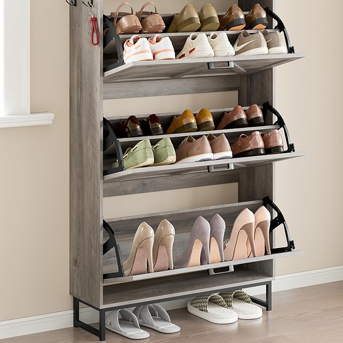Shoe Cabinet with 3 Flip Drawers Narrow Shoe Storage Cabinet Organizer Wooden Freestanding Shoe Rack Hidden Slim Shoes Storage Cabinet for Entryway, Hallway, Living Room, Bedroom