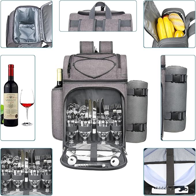 Hap Tim Picnic Basket Backpack for 4 Person with 2 Insulated Cooler Compartment, Wine Holder, Fleece Blanket, Cutlery Set, Wedding Gifts for Couples, Bridal Shower Gifts, Engagement Gifts(36079-G)