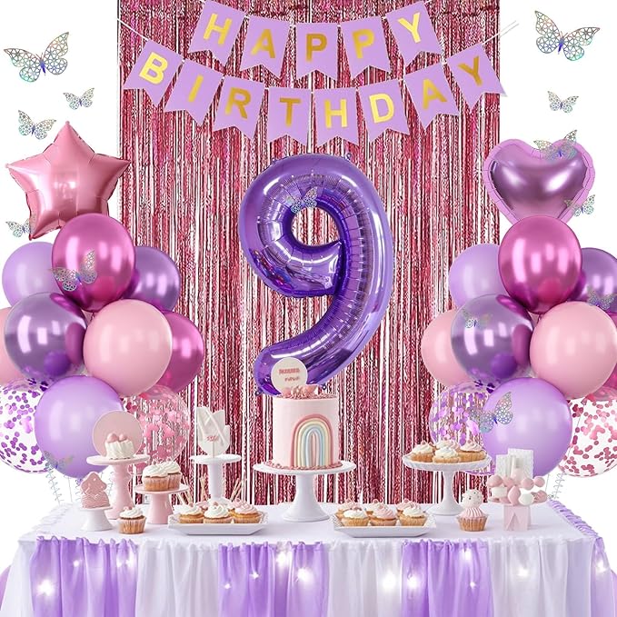 Pink Purple 9th Birthday Party Decorations for Girls Number 9 Balloon Happy Birthday Banner Butterfly Stickers Fringe Curtain Paper Pom Poms Metallic Hot Pink Star Foil Balloons 9 Year Old Princess