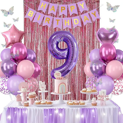 Pink Purple 9th Birthday Party Decorations for Girls Number 9 Balloon Happy Birthday Banner Butterfly Stickers Fringe Curtain Paper Pom Poms Metallic Hot Pink Star Foil Balloons 9 Year Old Princess