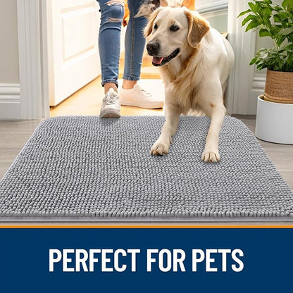 OLANLY Dog Door Mat for Muddy Paws 32x20, Absorbs Moisture and Dirt, Absorbent Non-Slip Washable Doormat, Quick Dry Chenille Mud Mat for Dogs, Entry Indoor Entryway Carpet for Inside Floor, Light Grey